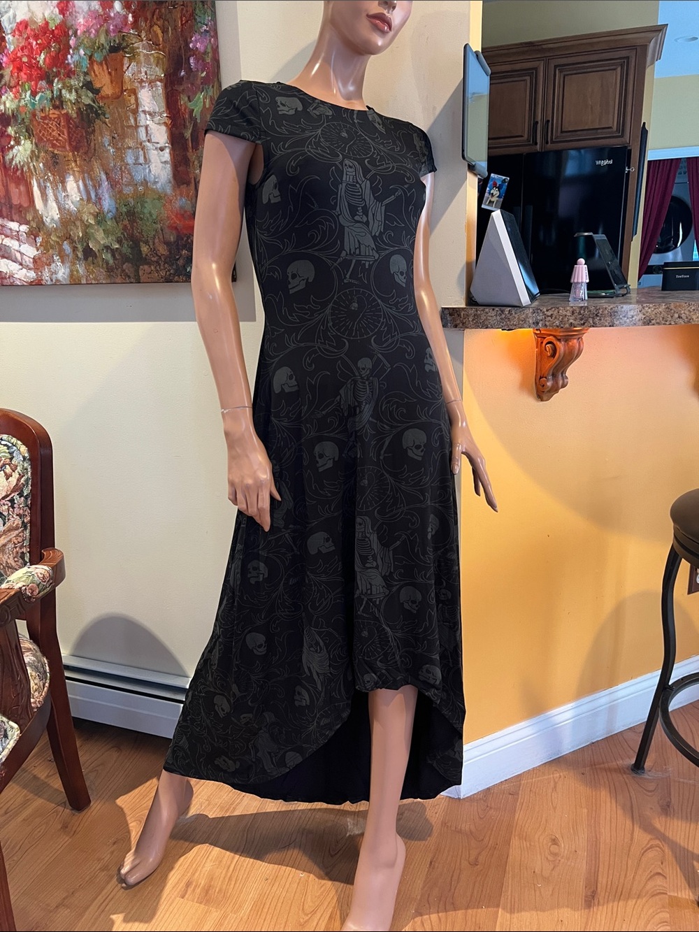 Killstar Black XS  High-Low danse Maxi Dress with Skull skeleton print nwt